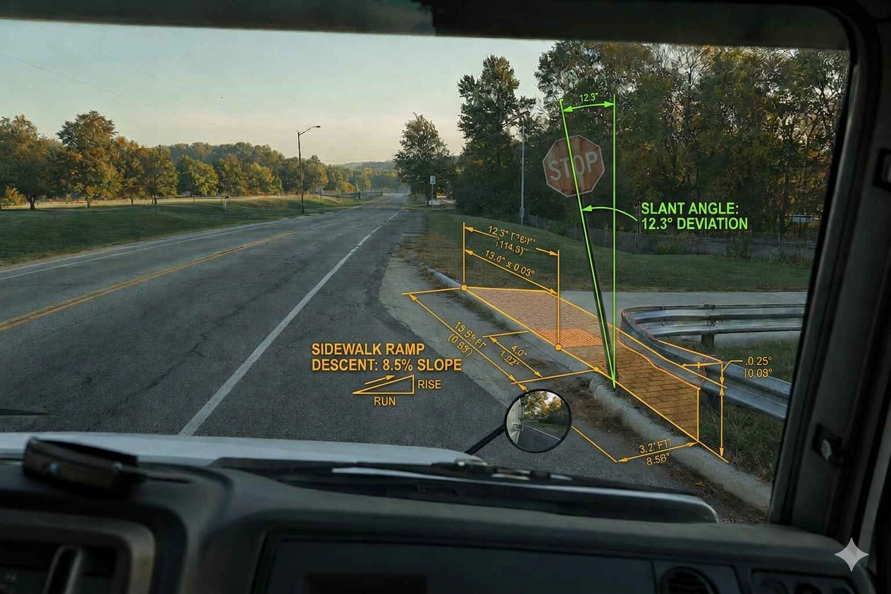 Field view of a stop sign, curb ramp and roadside guardrail, with inspection measurements visible