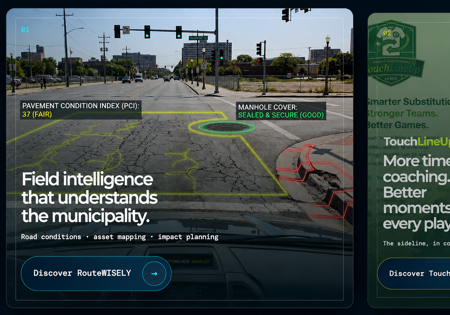 Municipal intersection with pavement-condition, manhole, and damaged-curb field intelligence overlays