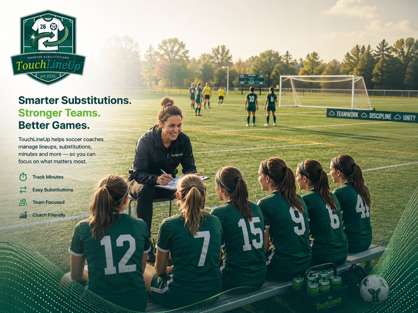 Coach and soccer players gathered at the sideline before a match