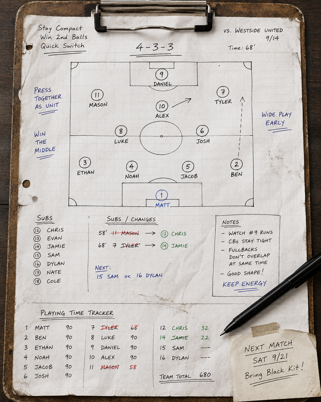 Coach's handwritten soccer match clipboard showing a formation, player names, substitutions, playing-time notes, and match reminders.